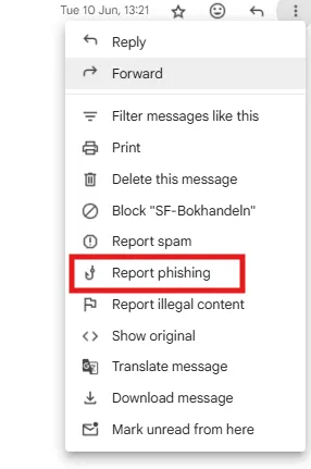 Screenshot of reporting a phishing email in Gmail